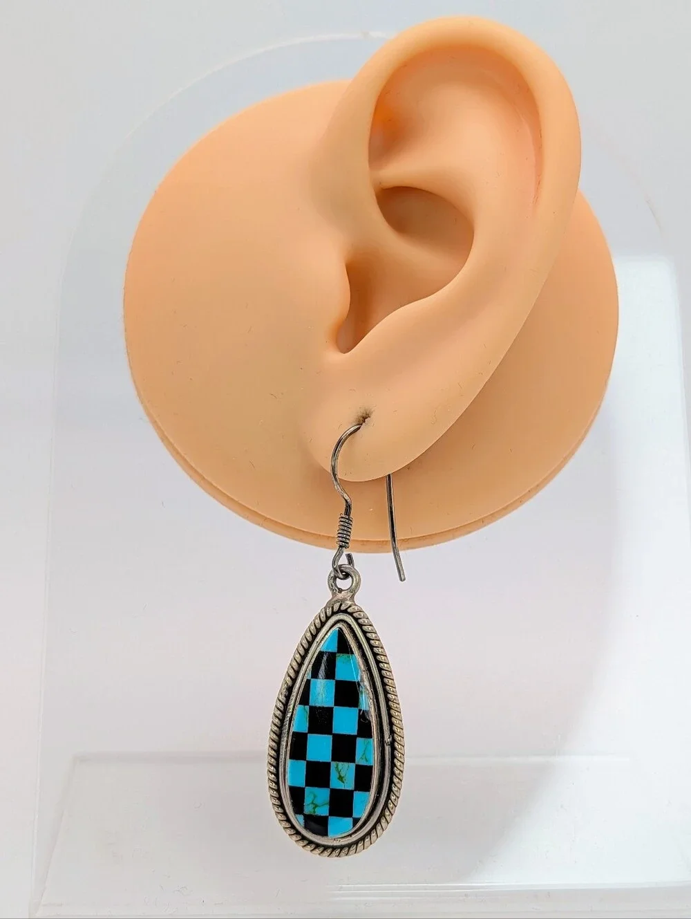 Turquoise & Black Onyx S925 Sterling Silver Matte Checkered Dangle Earrings